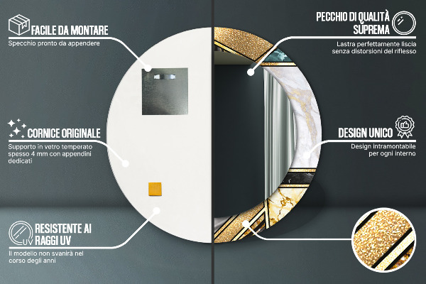 Round printed mirror Agat and gold marble