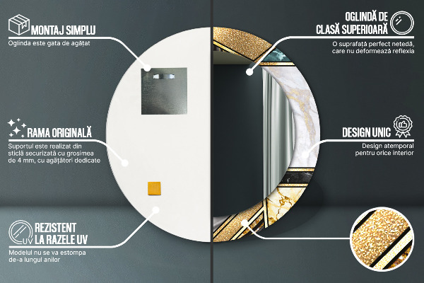 Round printed mirror Agat and gold marble