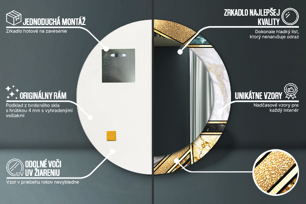 Round printed mirror Agat and gold marble