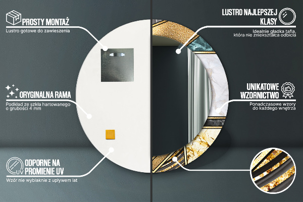 Round printed mirror Agat and gold marble