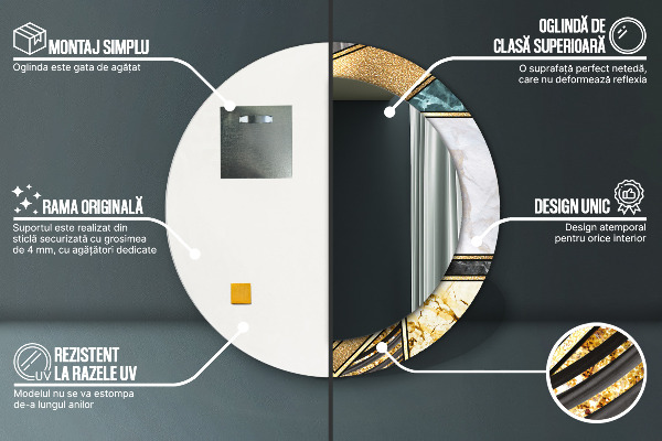 Round printed mirror Agat and gold marble
