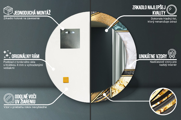 Round printed mirror Agat and gold marble