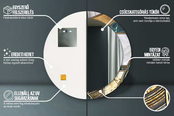 Round printed mirror Agat and gold marble