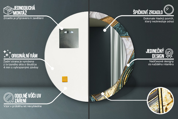 Round printed mirror Agat and gold marble