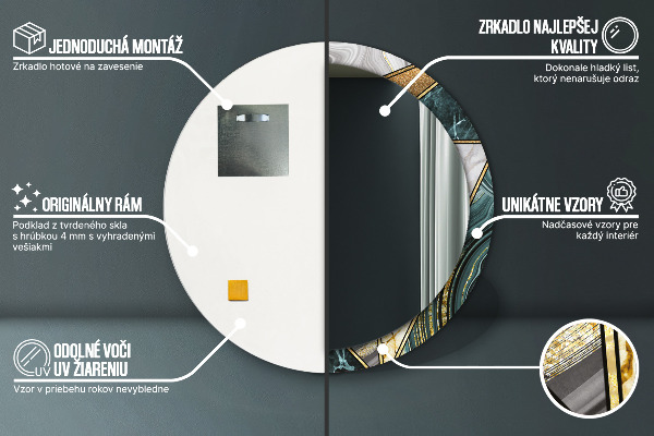 Round printed mirror Agat and gold marble