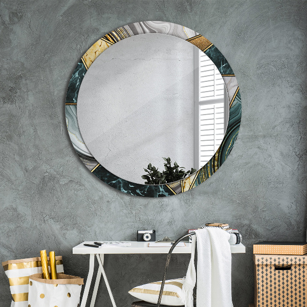 Round printed mirror Agat and gold marble