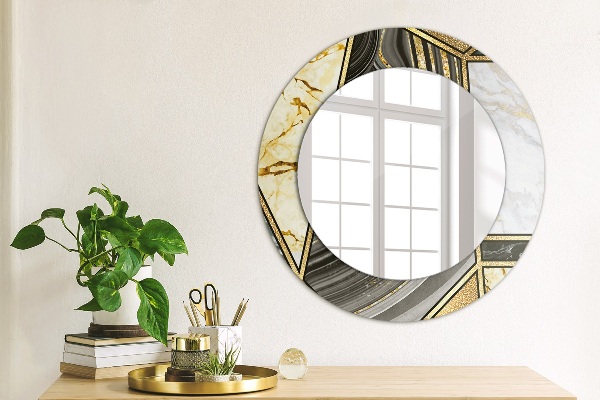 Round printed mirror Agat and gold marble