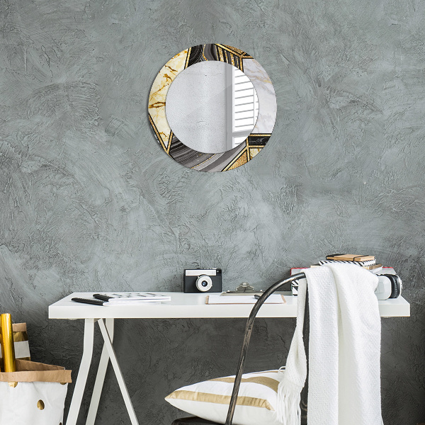 Round printed mirror Agat and gold marble