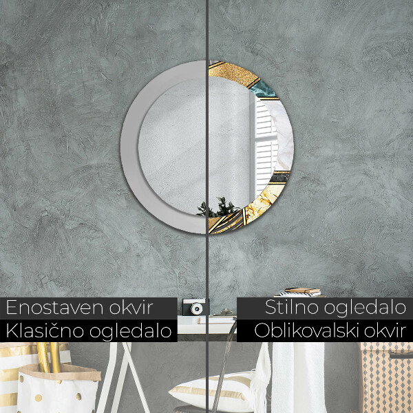Round printed mirror Agat and gold marble