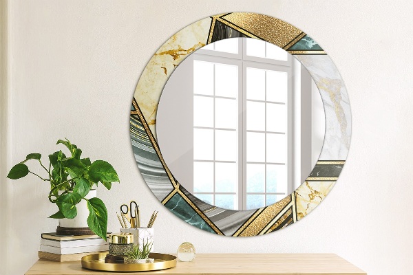 Round printed mirror Agat and gold marble