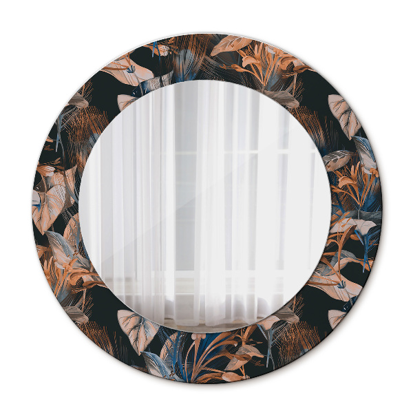 Round mirror frame with print Dark tropical leaves