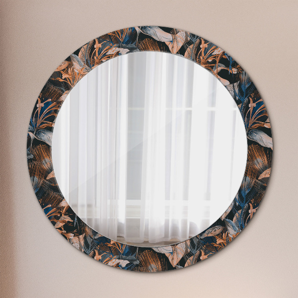 Round mirror frame with print Dark tropical leaves
