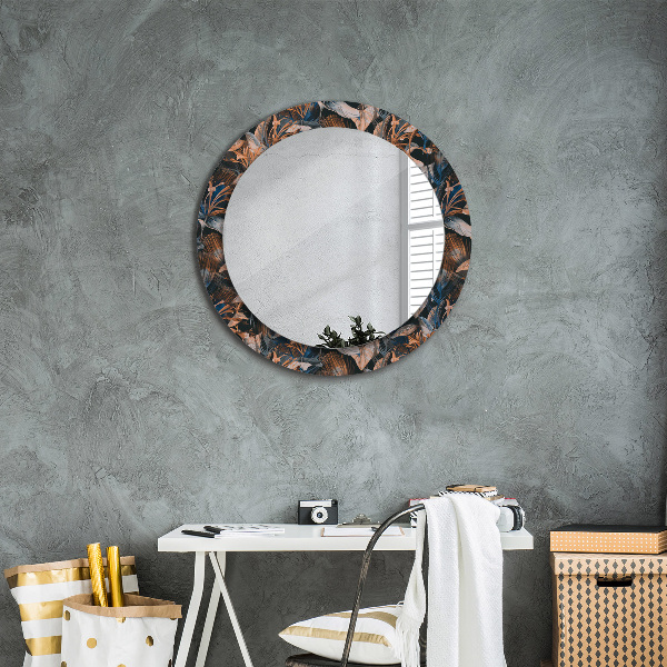Round mirror frame with print Dark tropical leaves