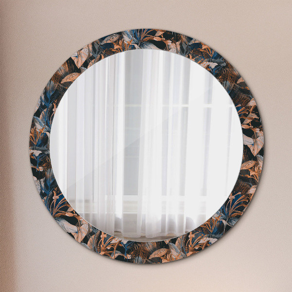Round mirror frame with print Dark tropical leaves