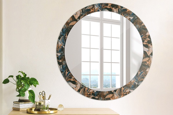 Round mirror frame with print Dark tropical leaves