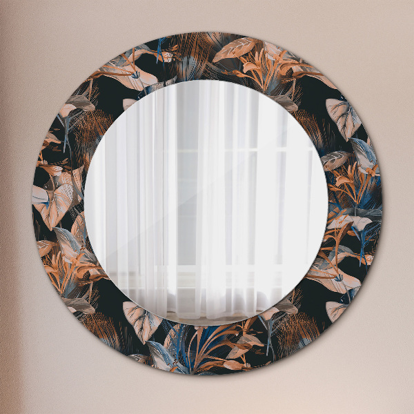 Round mirror frame with print Dark tropical leaves