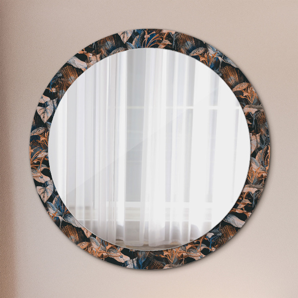 Round mirror frame with print Dark tropical leaves