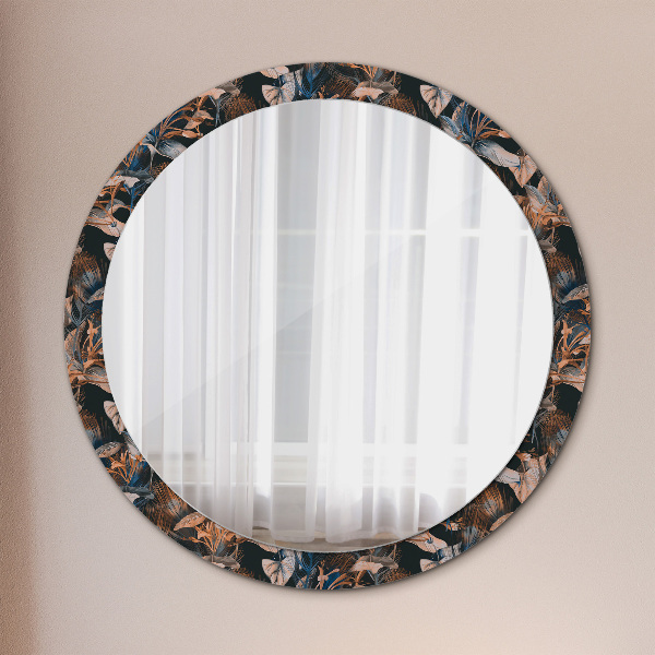 Round mirror frame with print Dark tropical leaves