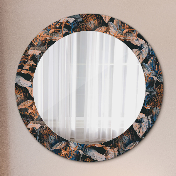 Round mirror frame with print Dark tropical leaves