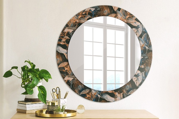 Round mirror frame with print Dark tropical leaves