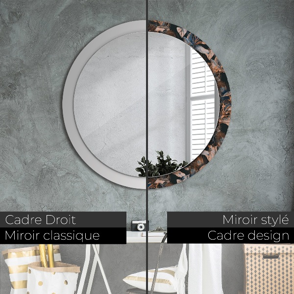 Round mirror frame with print Dark tropical leaves