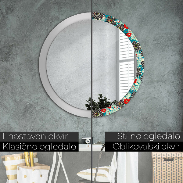 Round mirror frame with print Retro flowers pattern