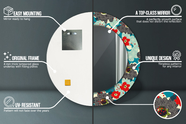 Round mirror frame with print Retro flowers pattern