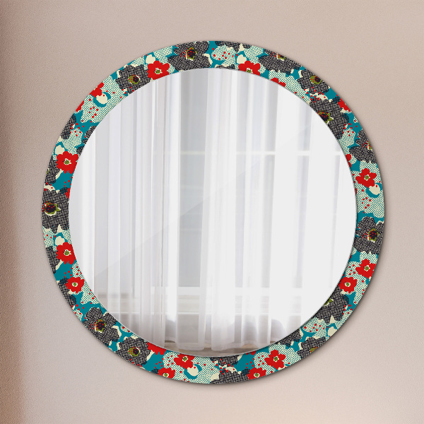 Round mirror frame with print Retro flowers pattern