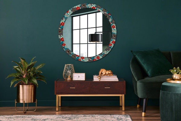 Round mirror frame with print Retro flowers pattern