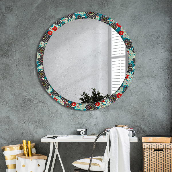 Round mirror frame with print Retro flowers pattern