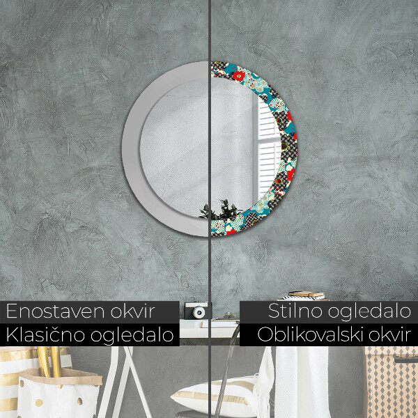 Round mirror frame with print Retro flowers pattern