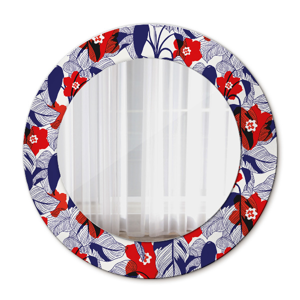 Round mirror frame with print Filodendron and red flowers