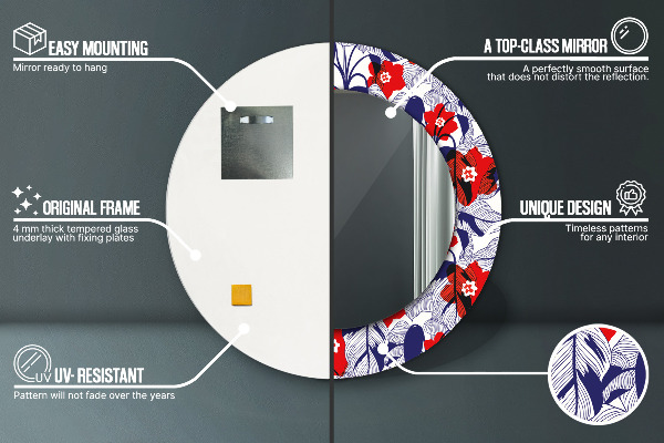 Round mirror frame with print Filodendron and red flowers