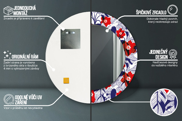 Round mirror frame with print Filodendron and red flowers