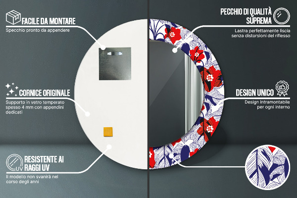 Round mirror frame with print Filodendron and red flowers