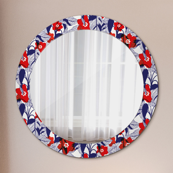 Round mirror frame with print Filodendron and red flowers