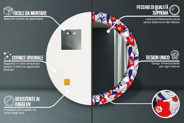 Round mirror frame with print Filodendron and red flowers