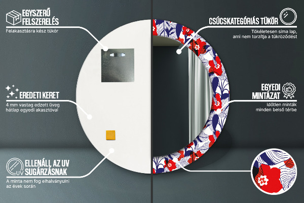 Round mirror frame with print Filodendron and red flowers