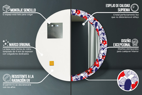 Round mirror frame with print Filodendron and red flowers