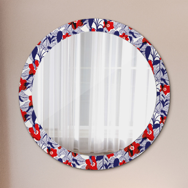 Round mirror frame with print Filodendron and red flowers