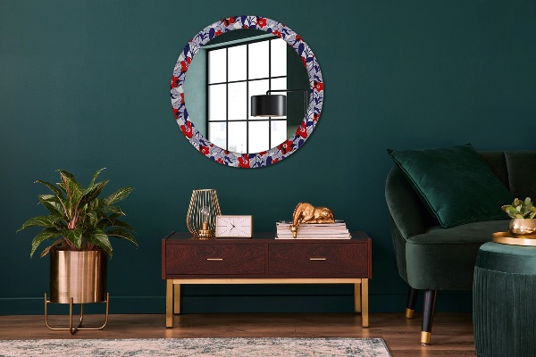 Round mirror frame with print Filodendron and red flowers