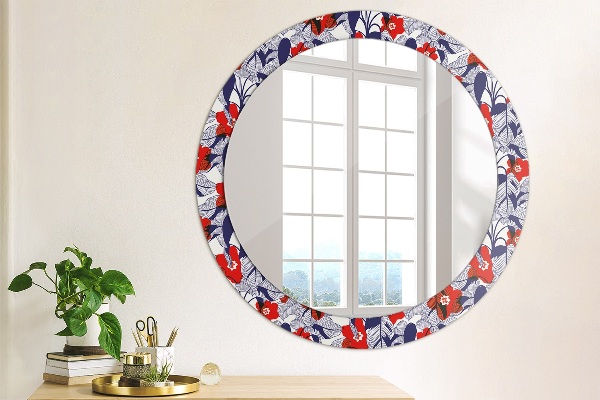 Round mirror frame with print Filodendron and red flowers