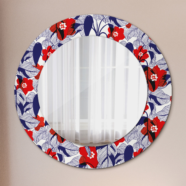 Round mirror frame with print Filodendron and red flowers