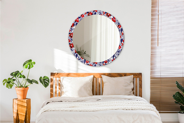Round mirror frame with print Filodendron and red flowers