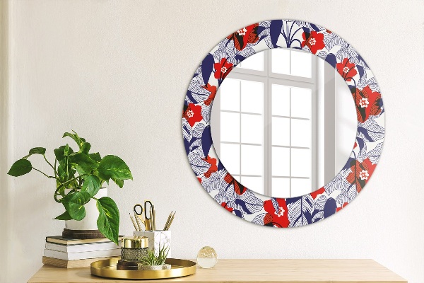 Round mirror frame with print Filodendron and red flowers