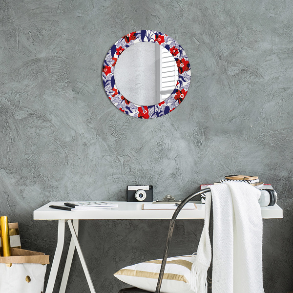 Round mirror frame with print Filodendron and red flowers