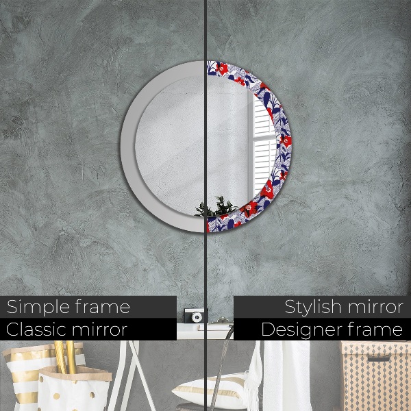 Round mirror frame with print Filodendron and red flowers