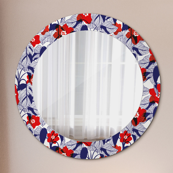 Round mirror frame with print Filodendron and red flowers