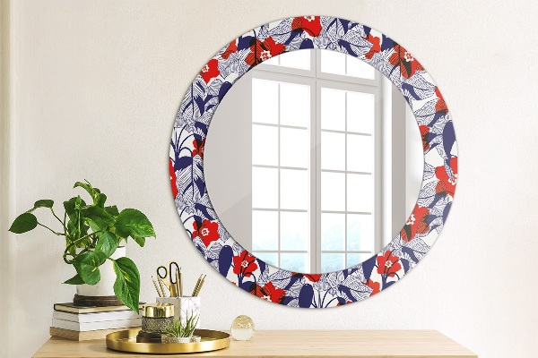 Round mirror frame with print Filodendron and red flowers