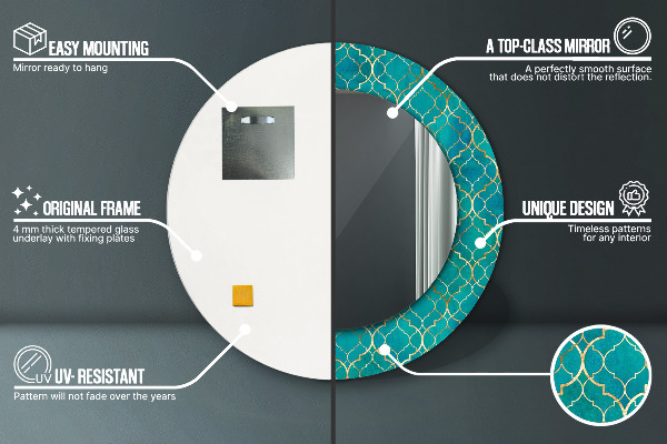 Round printed mirror Green and gold composition